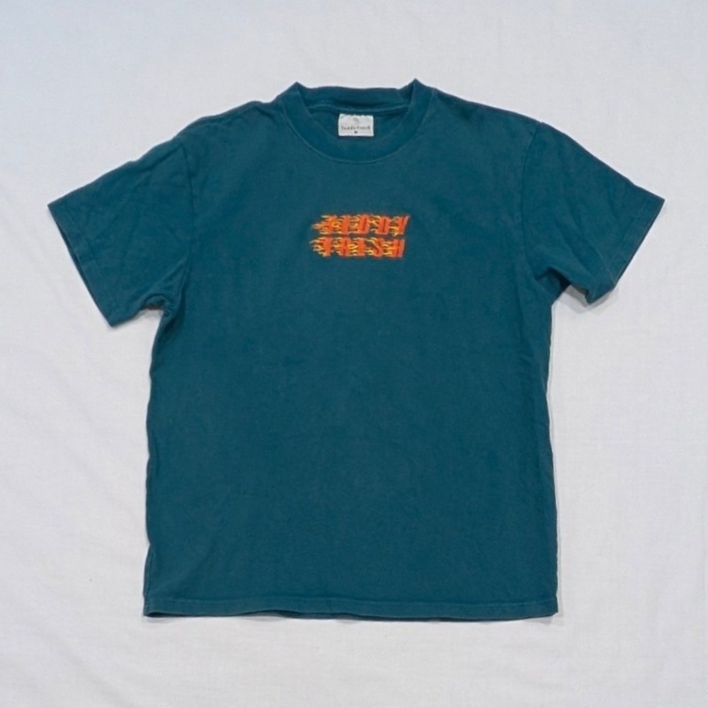 Teddy Fresh Men's Flame Logo Embroidered Short Sleeve T-Shirt Teal Blue Medium